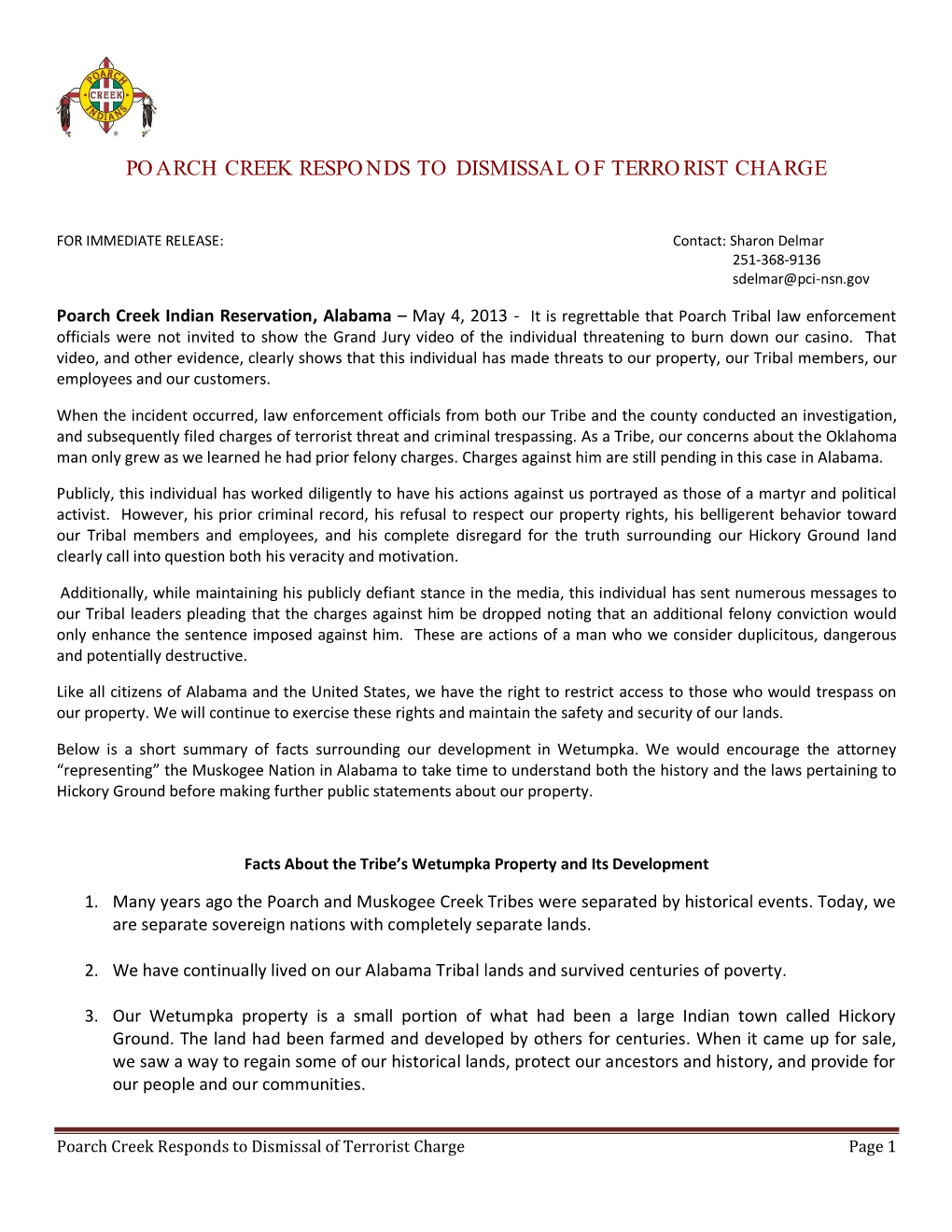 Poarch Creek Responds to Dismissal of Terrorist Charge Page 1