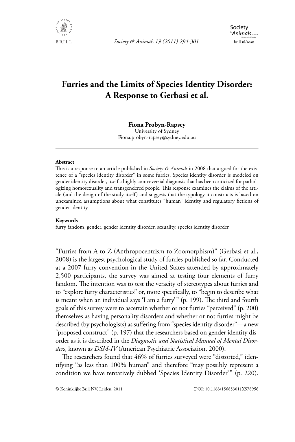 Furries and the Limits of Species Identity Disorder: a Response to Gerbasi Et Al