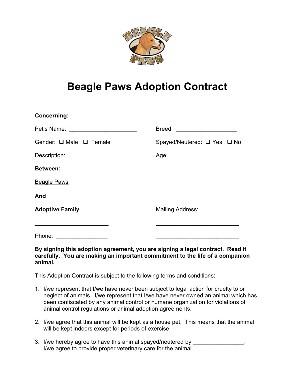 Animal Adoption Contract