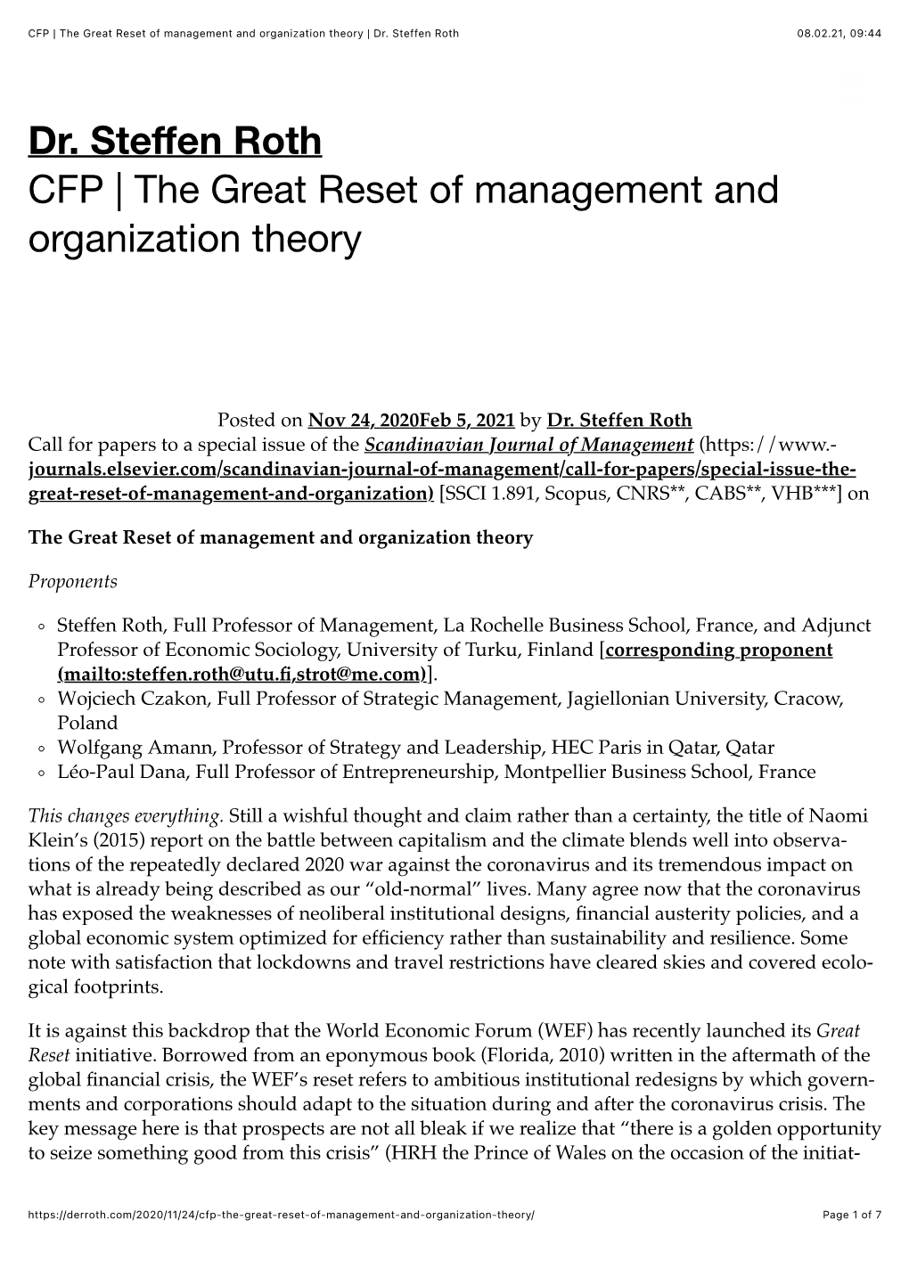 CFP | the Great Reset of Management and Organization Theory | Dr. Steffen Roth 08.02.21, 09:44