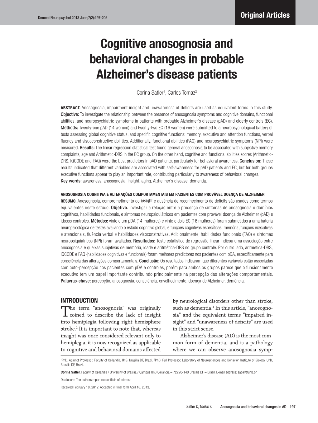 Cognitive Anosognosia and Behavioral Changes in Probable Alzheimer’S Disease Patients