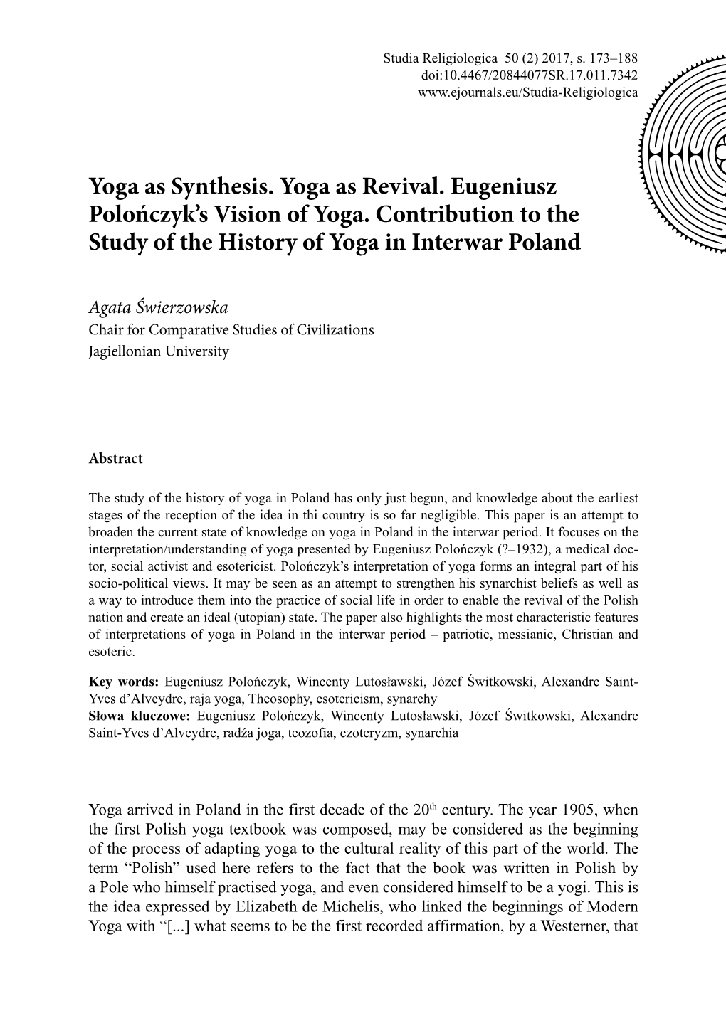 Yoga As Synthesis. Yoga As Revival. Eugeniusz Polończyk's Vision Of