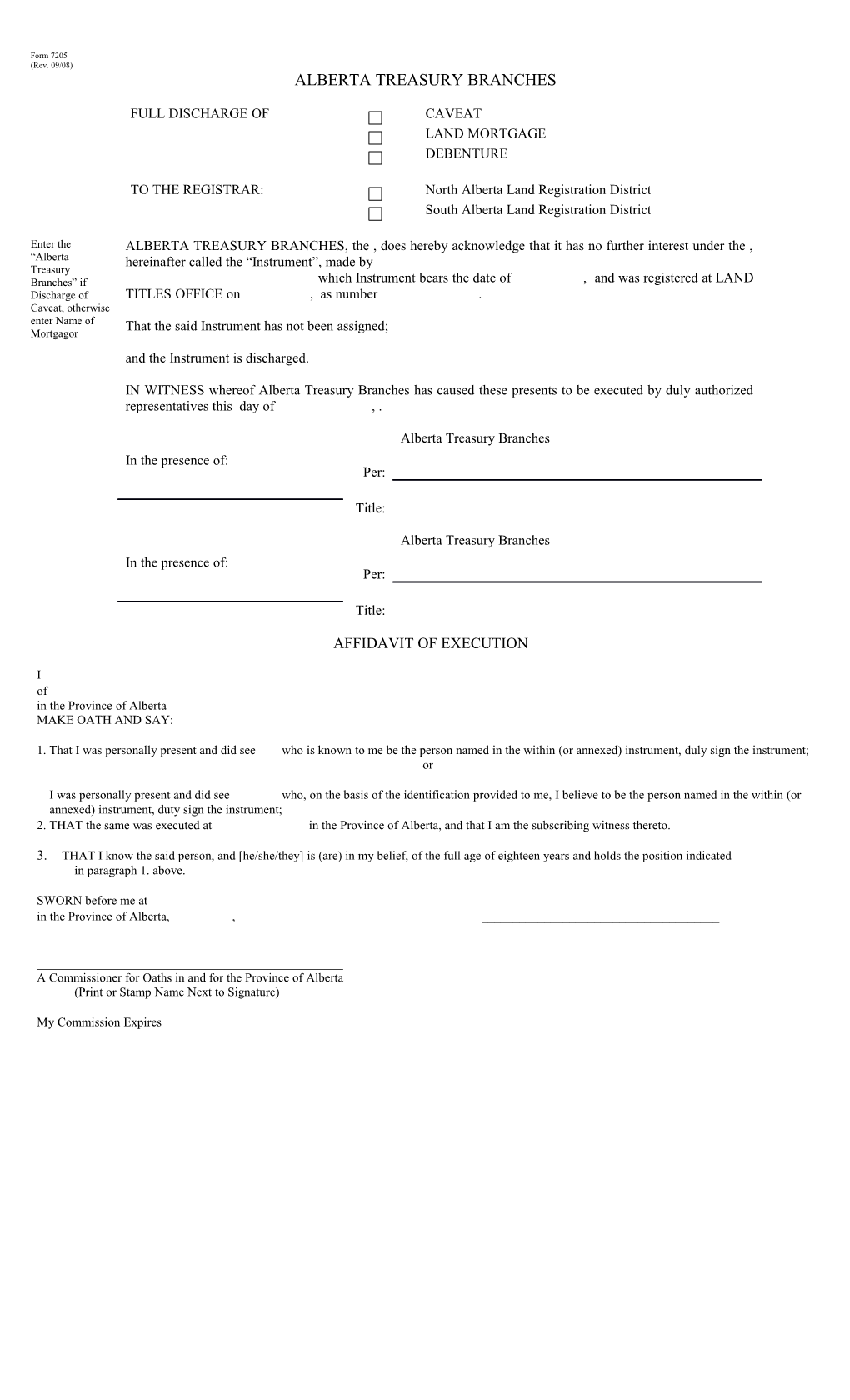 7205 Form - Full Discharge of Caveat Mortgage Debenture