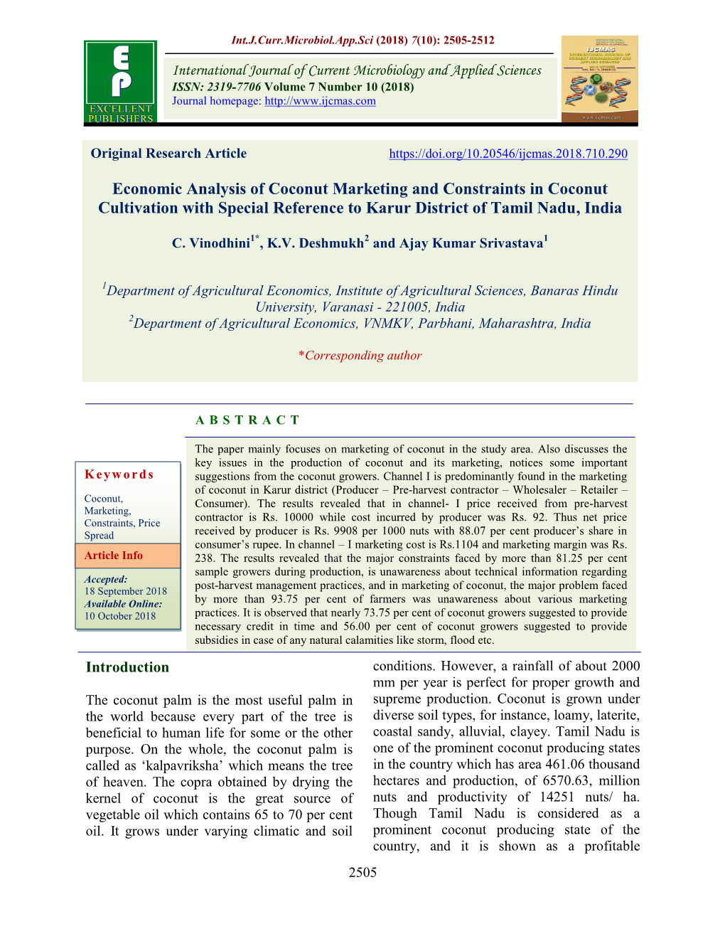 Economic Analysis of Coconut Marketing and Constraints in Coconut Cultivation with Special Reference to Karur District of Tamil Nadu, India