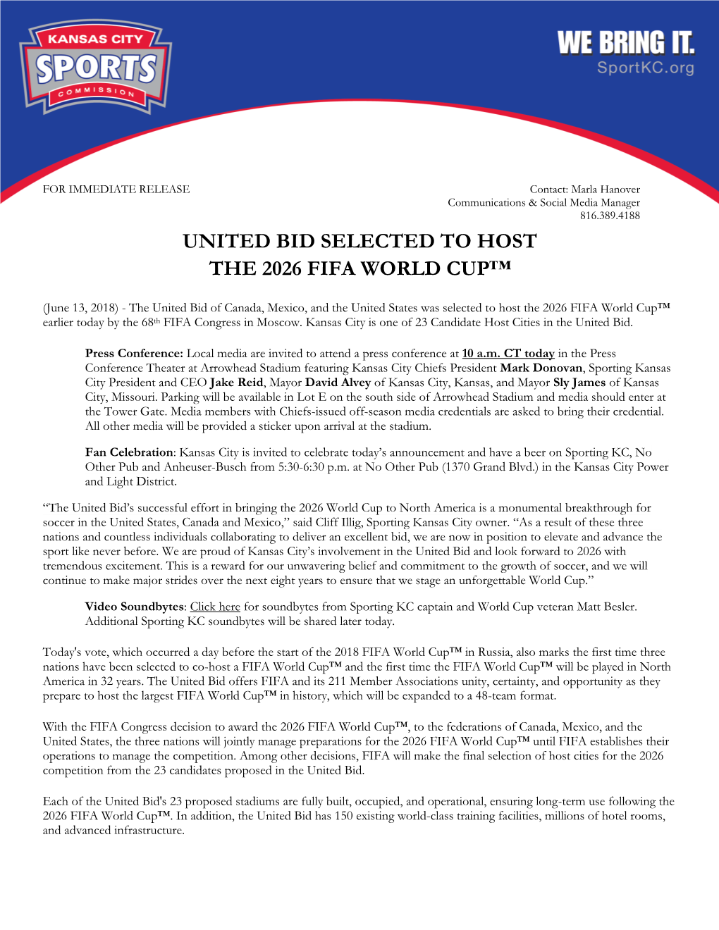 United Bid Selected to Host the 2026 Fifa World Cup™