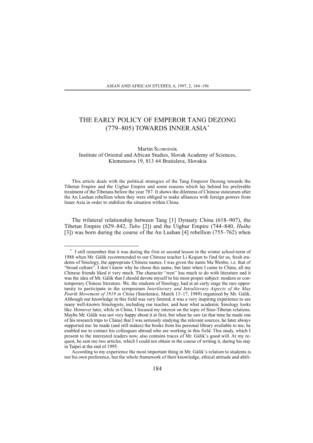 The Early Policy of Emperor Tang Dezong (779–805) Towards Inner Asia*