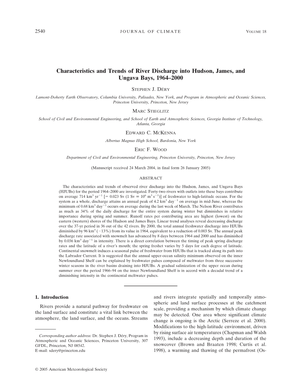 Characteristics and Trends of River Discharge Into Hudson, James, and Ungava Bays, 1964–2000