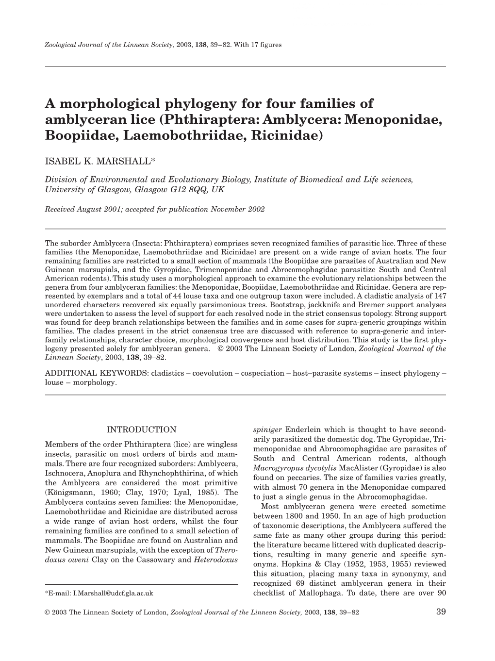 A Morphological Phylogeny for Four Families of Amblyceran Lice (Phthiraptera: Amblycera: Menoponidae, Boopiidae, Laemobothriidae, Ricinidae)