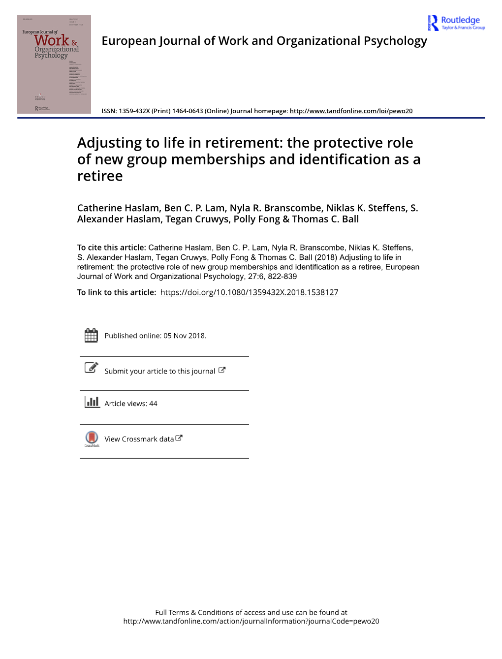 Adjusting to Life in Retirement: the Protective Role of New Group Memberships and Identification As a Retiree