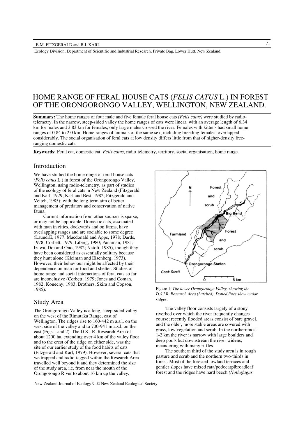 Home Range of Feral House Cats (Felis Catus L.) in Forest of the Orongorongo Valley, Wellington, New Zealand