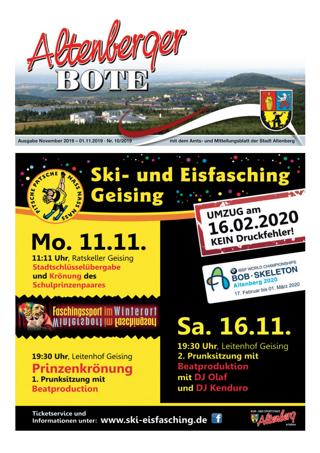 Ausgabe November 2019 – 01.11.2019 · Nr. 10/2019 Mit Dem Amts- Und Mitteilungsblatt Der Stadt Altenberg ALTENBERGER BOTE 1