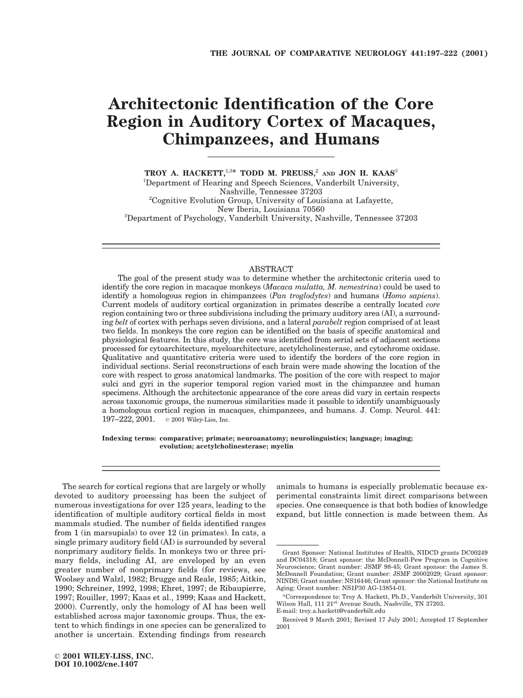 Architectonic Identification of the Core Region in Auditory Cortex Of
