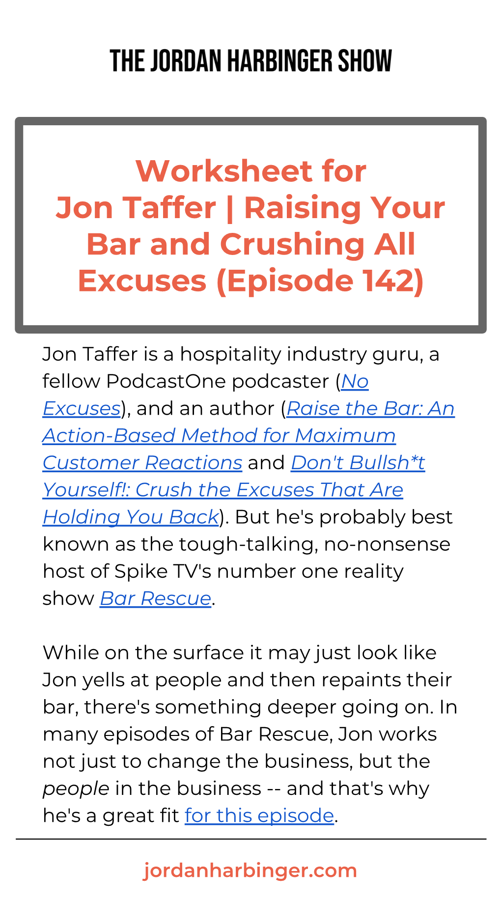 Worksheet for Jon Taffer | Raising Your Bar and Crushing All Excuses (Episode 142)