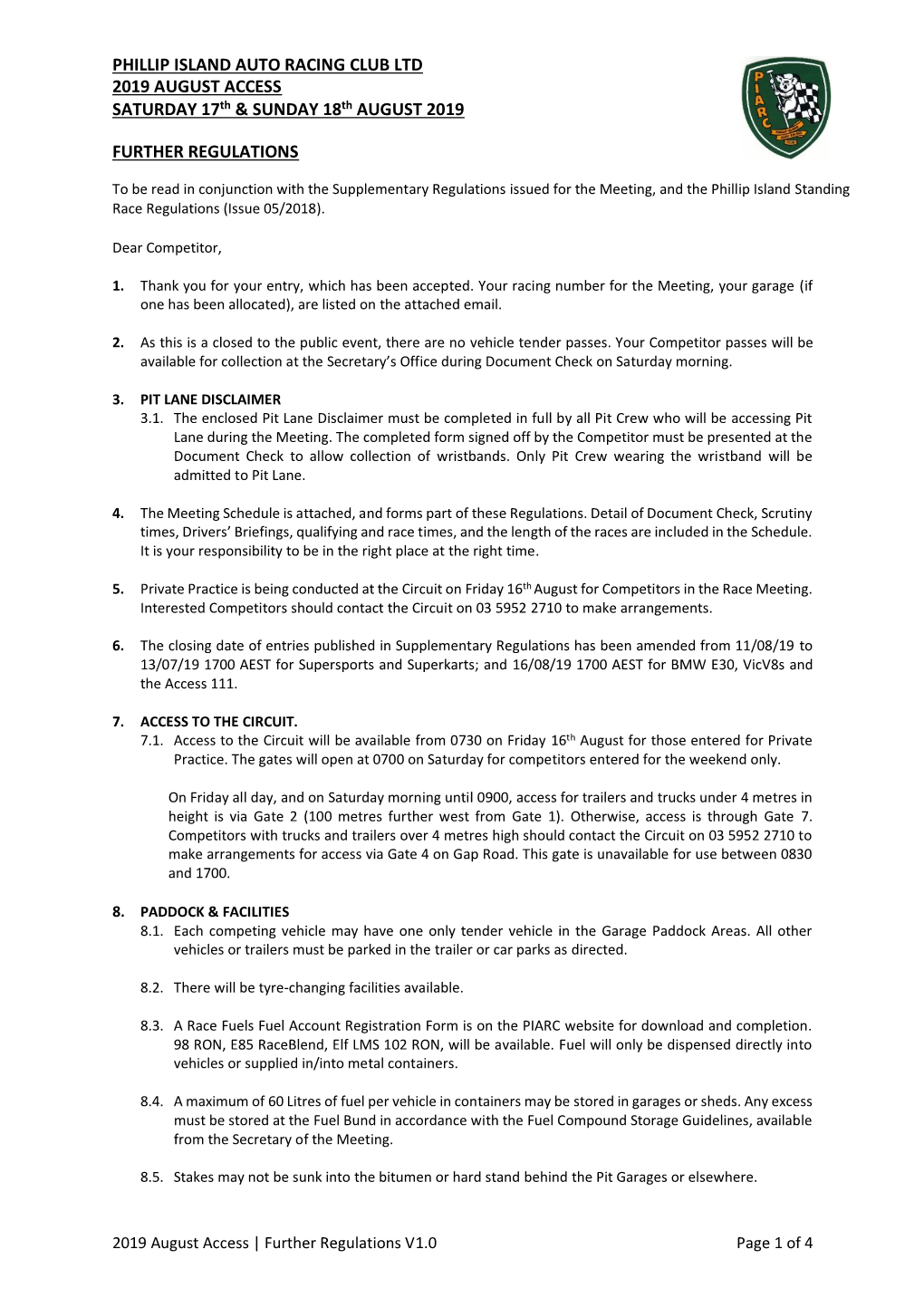 PHILLIP ISLAND AUTO RACING CLUB LTD 2019 AUGUST ACCESS SATURDAY 17Th & SUNDAY 18Th AUGUST 2019