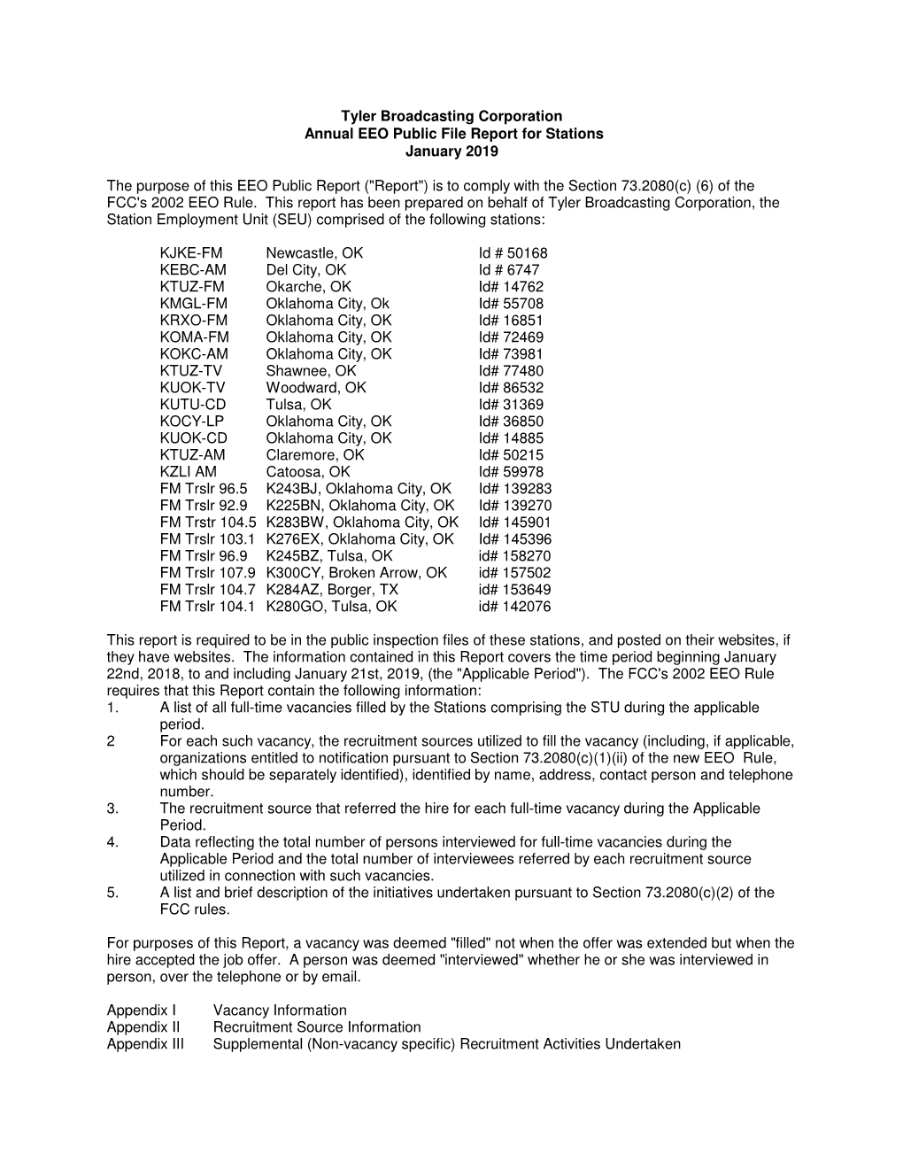 Tyler Broadcasting Corporation Annual EEO Public File Report for Stations January 2019