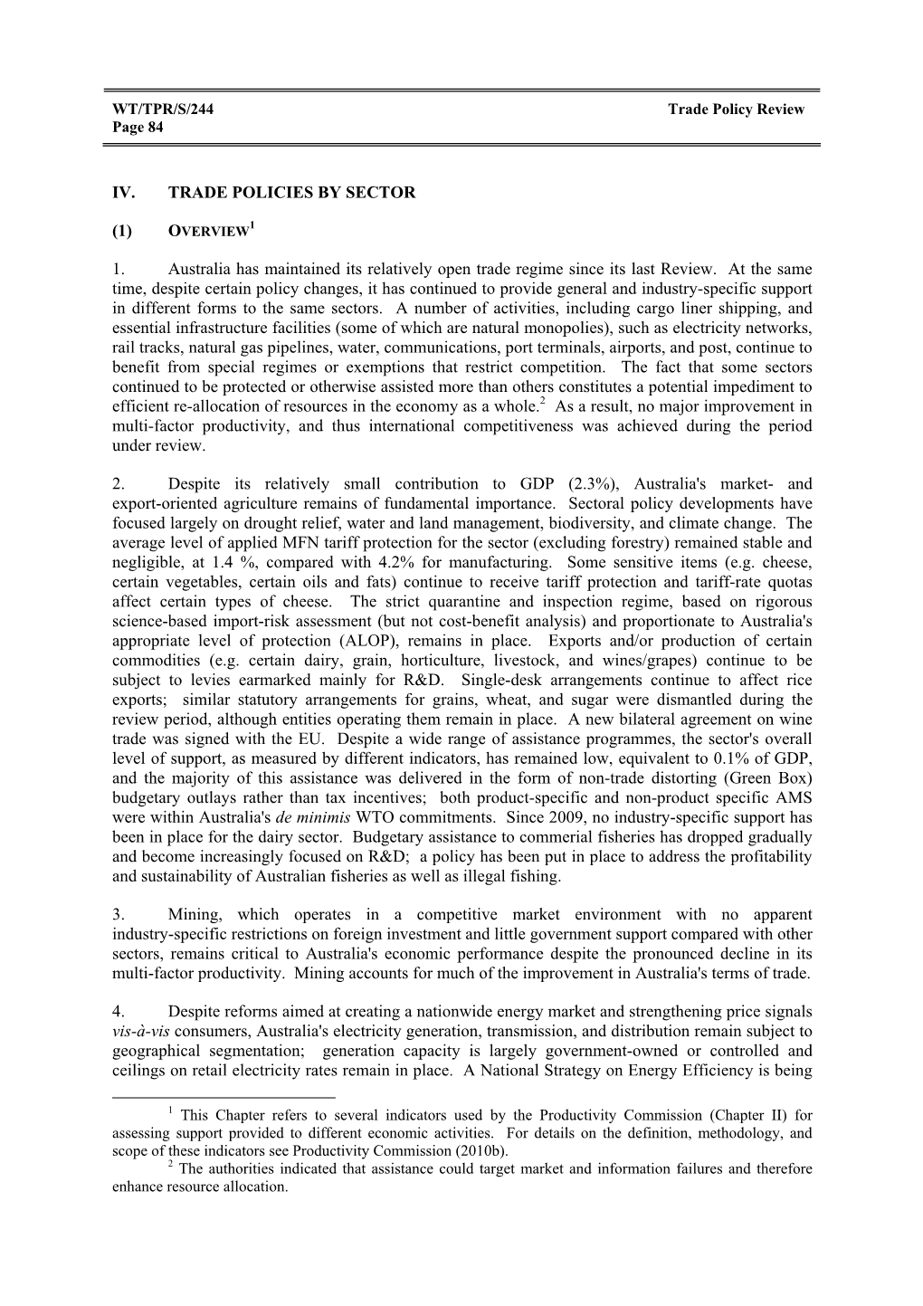 Iv. Trade Policies by Sector