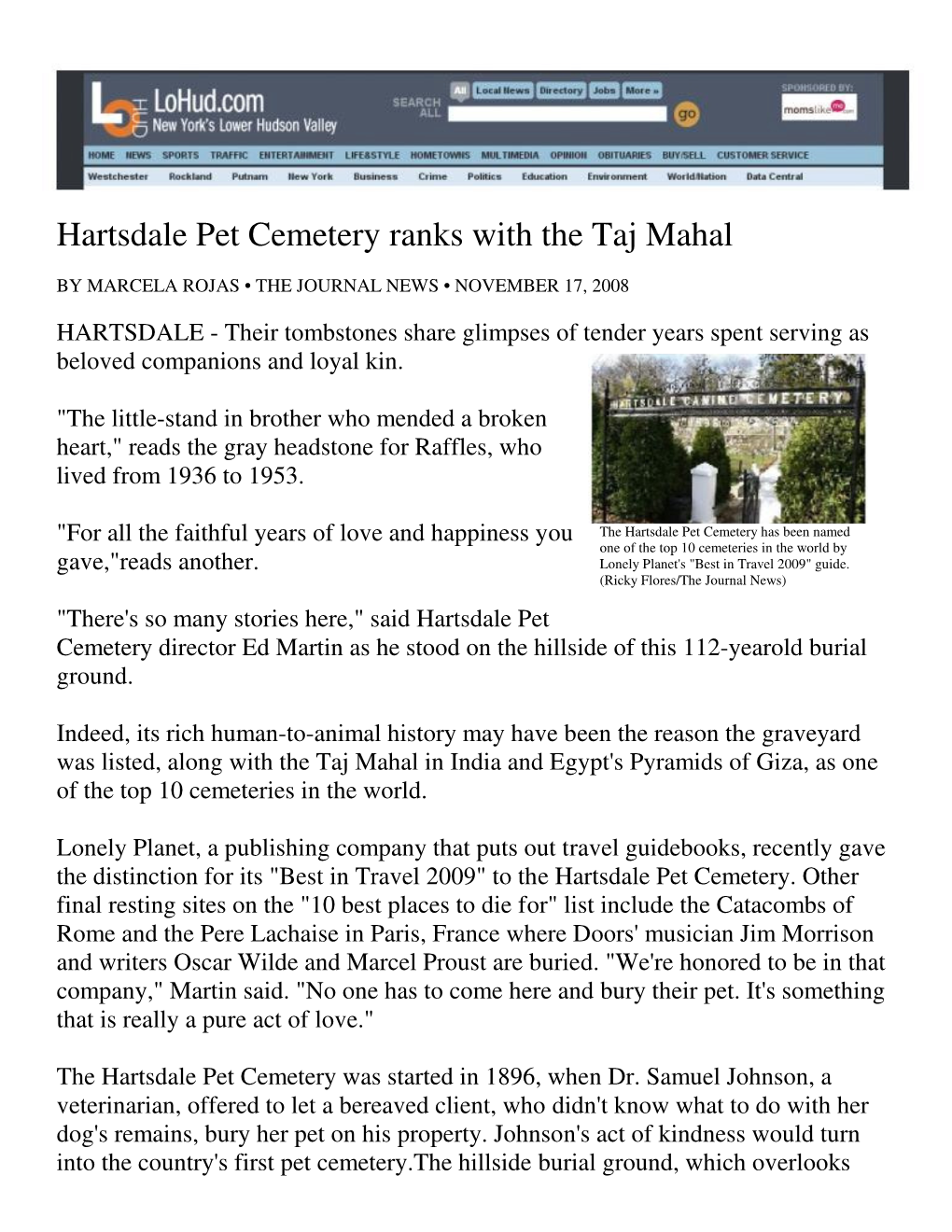 Lohud Hartsdale Pet Cemetery Ranks with the Taj Mahal