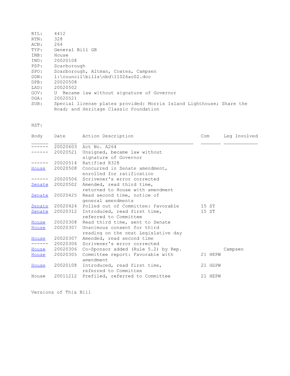 2001-2002 Bill 4412: Special License Plates Provided: Morris Island Lighthouse; Share The