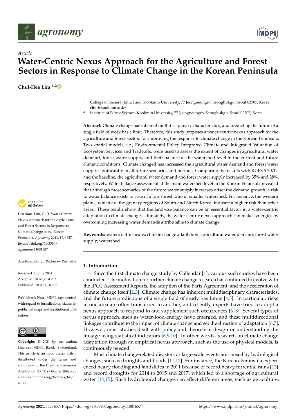 Water-Centric Nexus Approach for the Agriculture and Forest Sectors in Response to Climate Change in the Korean Peninsula