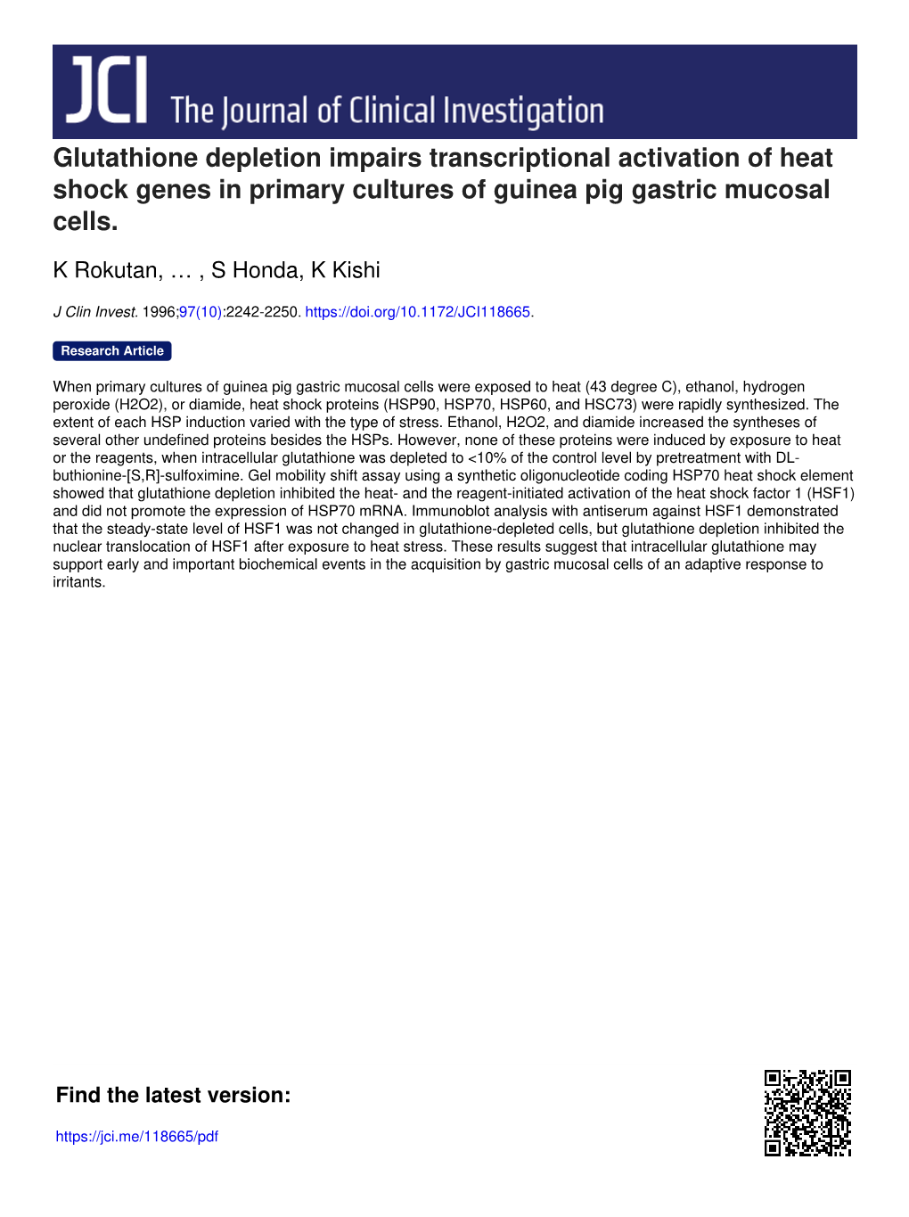 Glutathione Depletion Impairs Transcriptional Activation of Heat Shock Genes in Primary Cultures of Guinea Pig Gastric Mucosal Cells