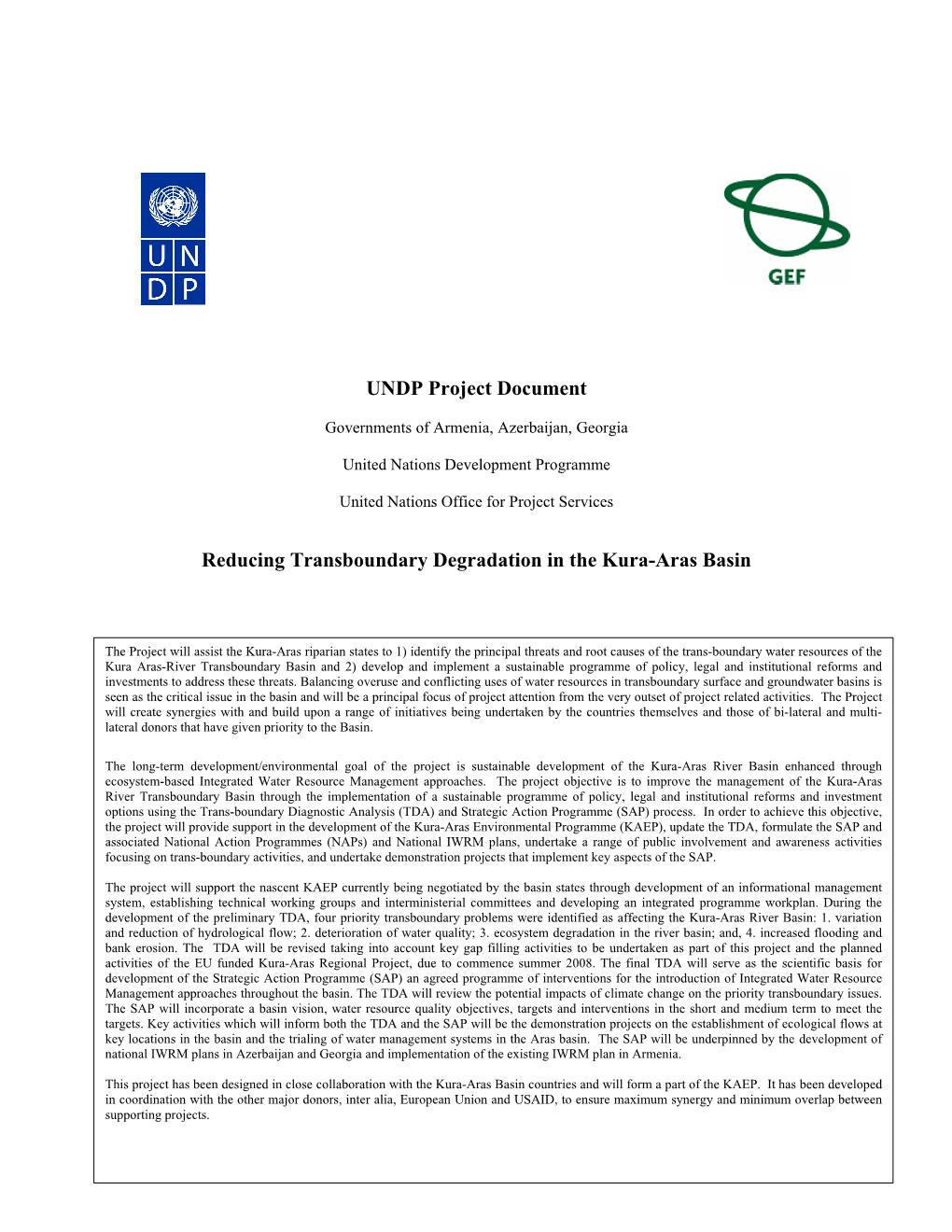 UNDP Project Document Reducing Transboundary Degradation in The