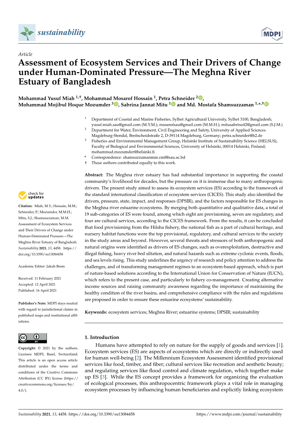 Assessment of Ecosystem Services and Their Drivers of Change Under Human-Dominated Pressure—The Meghna River Estuary of Bangladesh