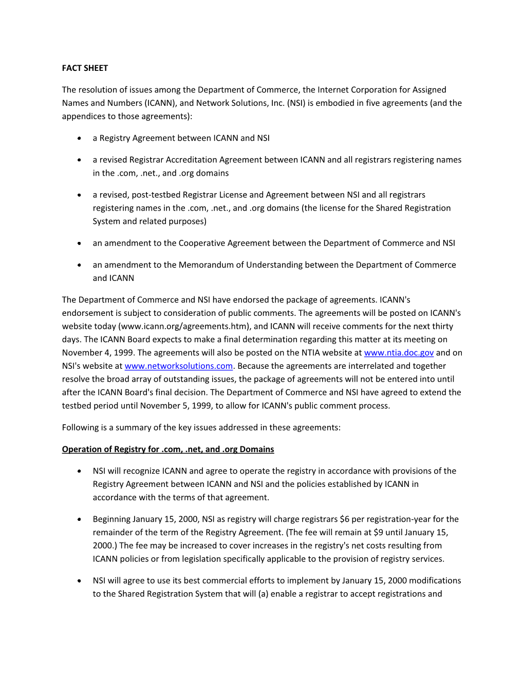 FACT SHEET the Resolution of Issues Among the Department Of