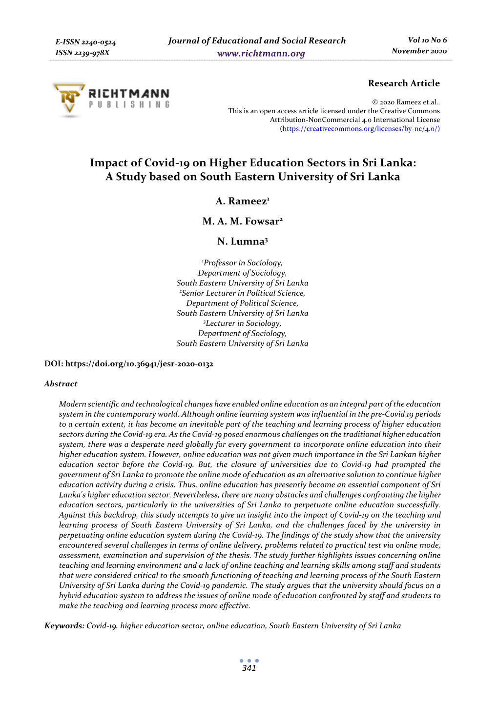 Impact of Covid-19 on Higher Education Sectors in Sri Lanka: a Study Based on South Eastern University of Sri Lanka