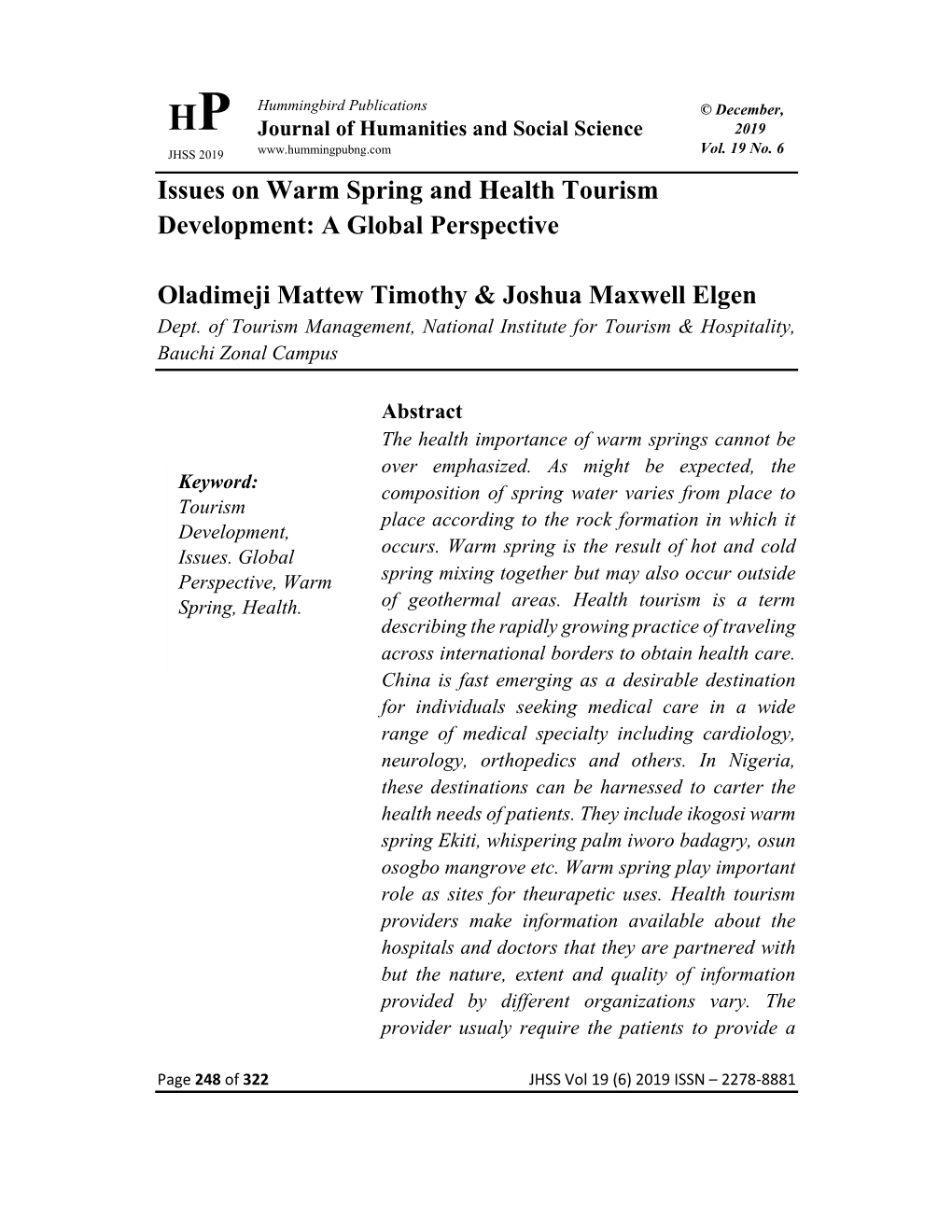 Issues on Warm Spring and Health Tourism Development: a Global Perspective