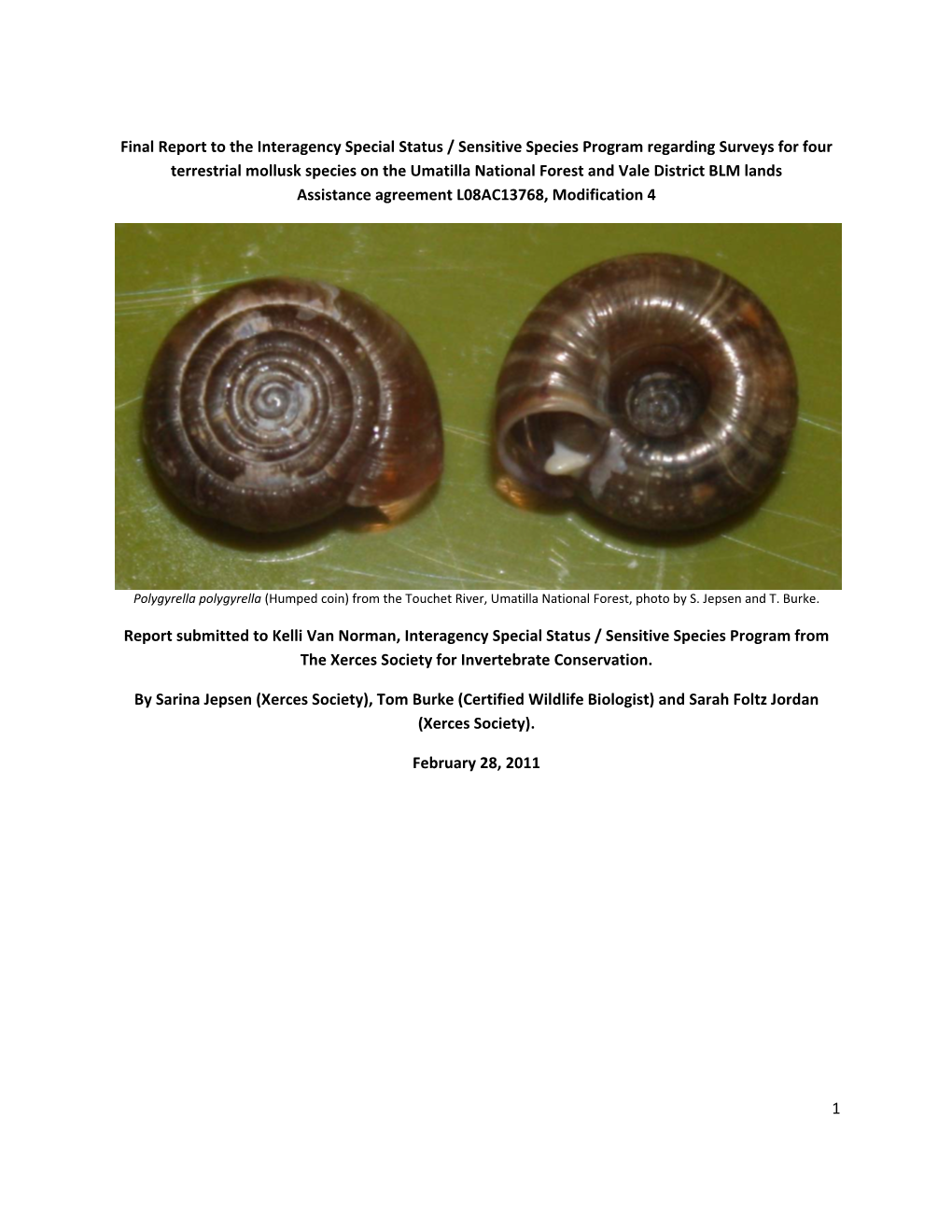 Surveys for Four Terrestrial Mollusk Species on the Umatilla NF And