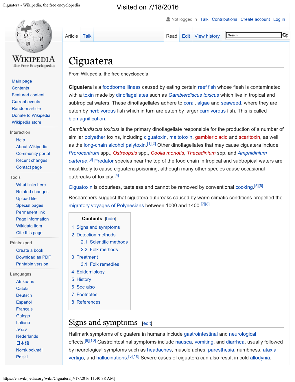 Ciguatera - Wikipedia, the Free Encyclopedia Visited on 7/18/2016