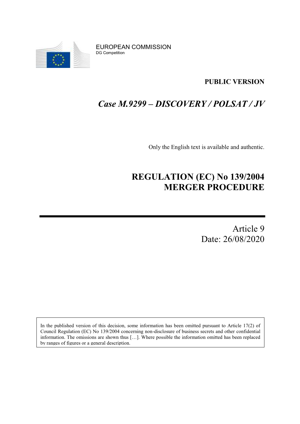 Case M.9299 – DISCOVERY / POLSAT / JV REGULATION (EC)