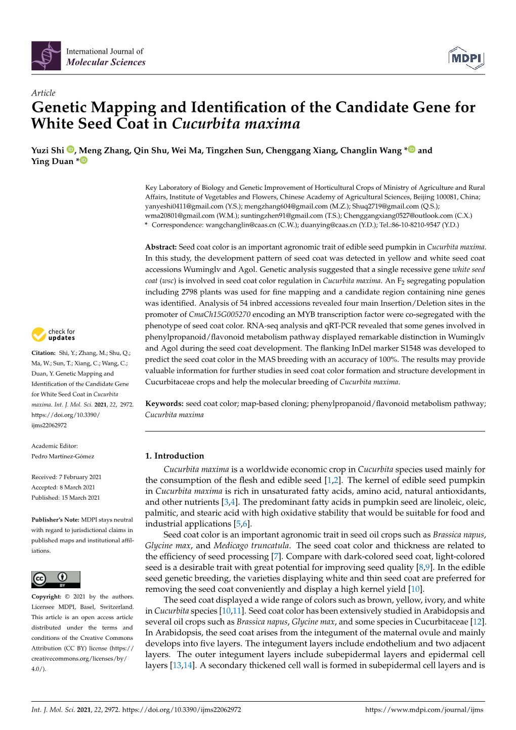 Genetic Mapping and Identification of the Candidate Gene for White Seed