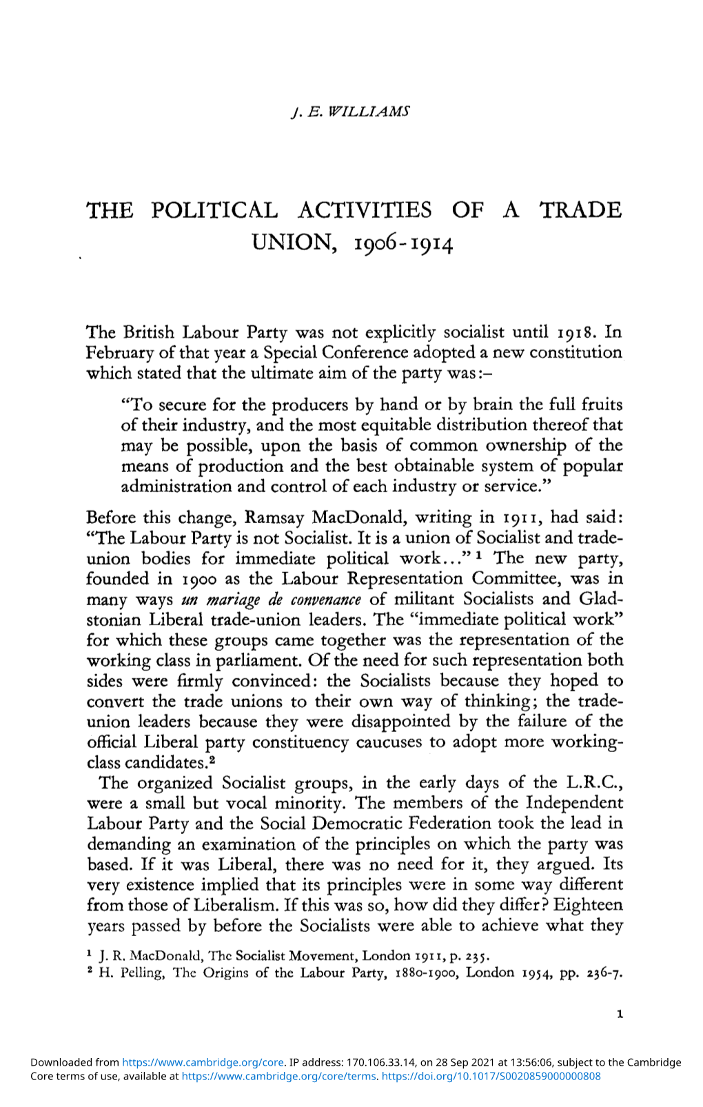 The Political Activities of a Trade Union, 1906–1914