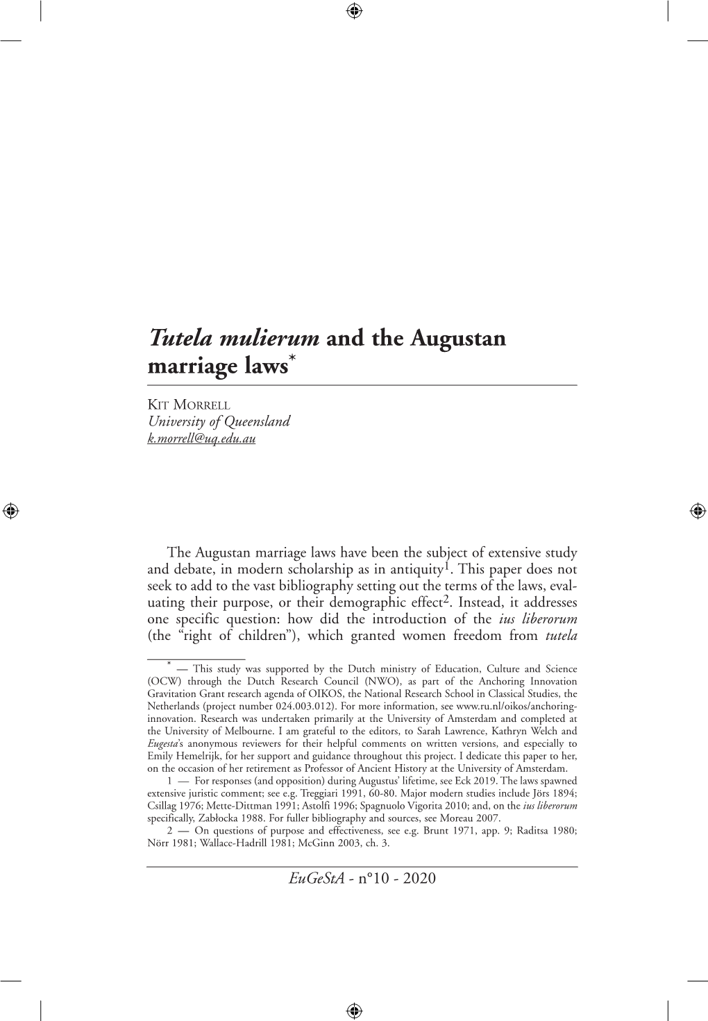 Tutela Mulierum and the Augustan Marriage Laws*