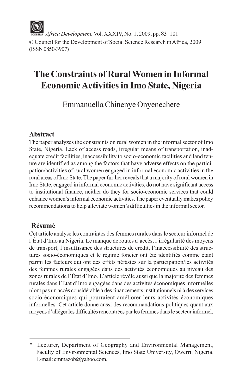 The Constraints of Rural Women in Informal Economic Activities in Imo State, Nigeria