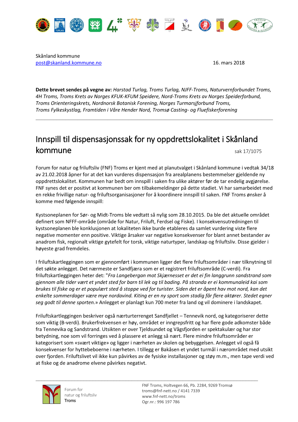 Innspill Til Dispensasjonssak for Ny Oppdrettslokalitet I Skånland Kommune Sak 17/1075