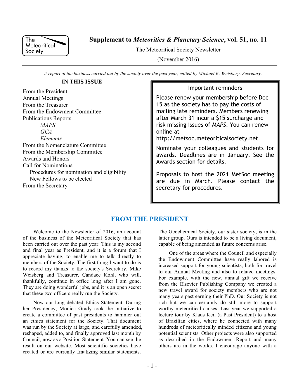 Supplement to Meteoritics & Planetary Science, Vol. 51, No. 11 from THE