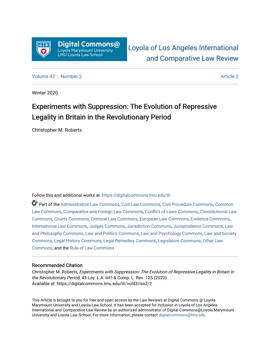 Experiments with Suppression: the Evolution of Repressive Legality in Britain in the Revolutionary Period