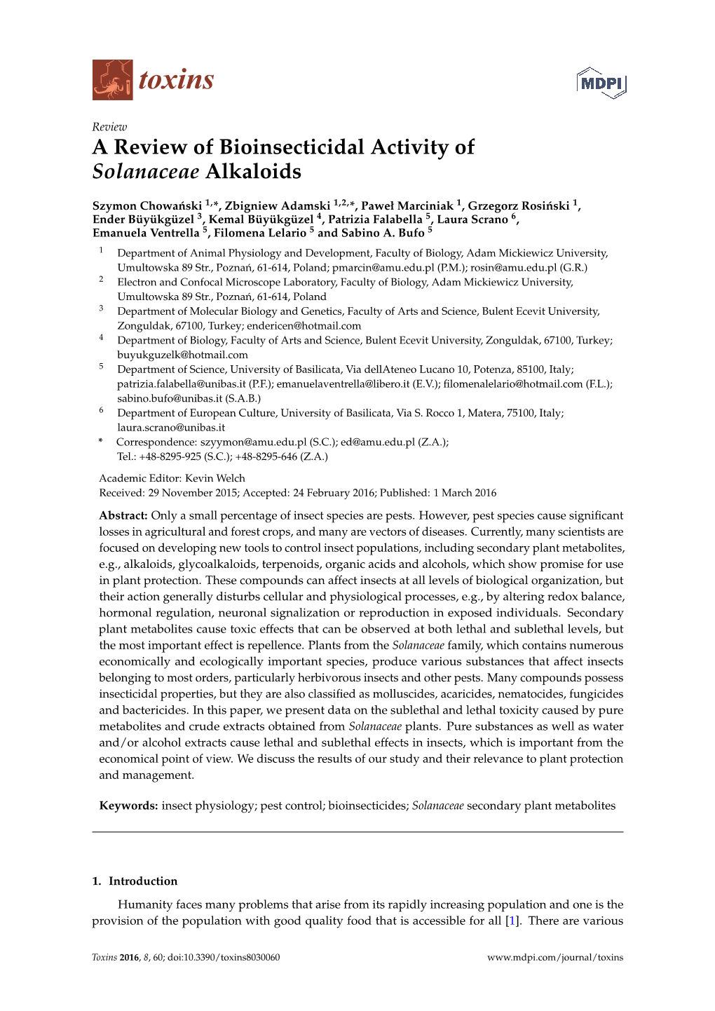 A Review of Bioinsecticidal Activity of Solanaceae Alkaloids