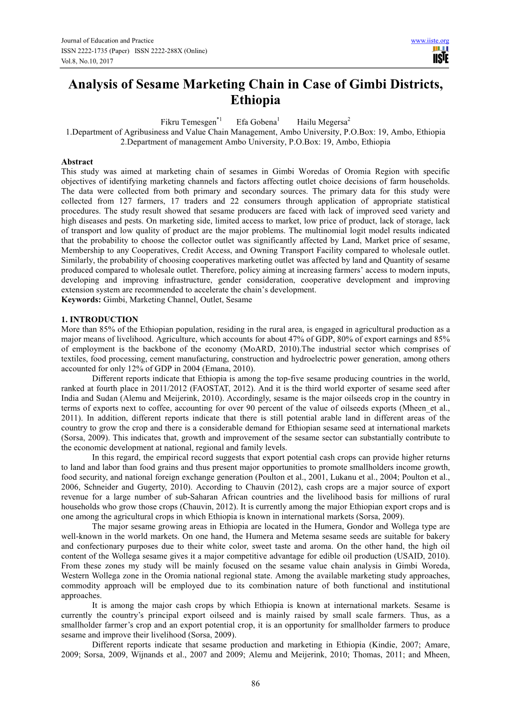 Analysis of Sesame Marketing Chain in Case of Gimbi Districts, Ethiopia