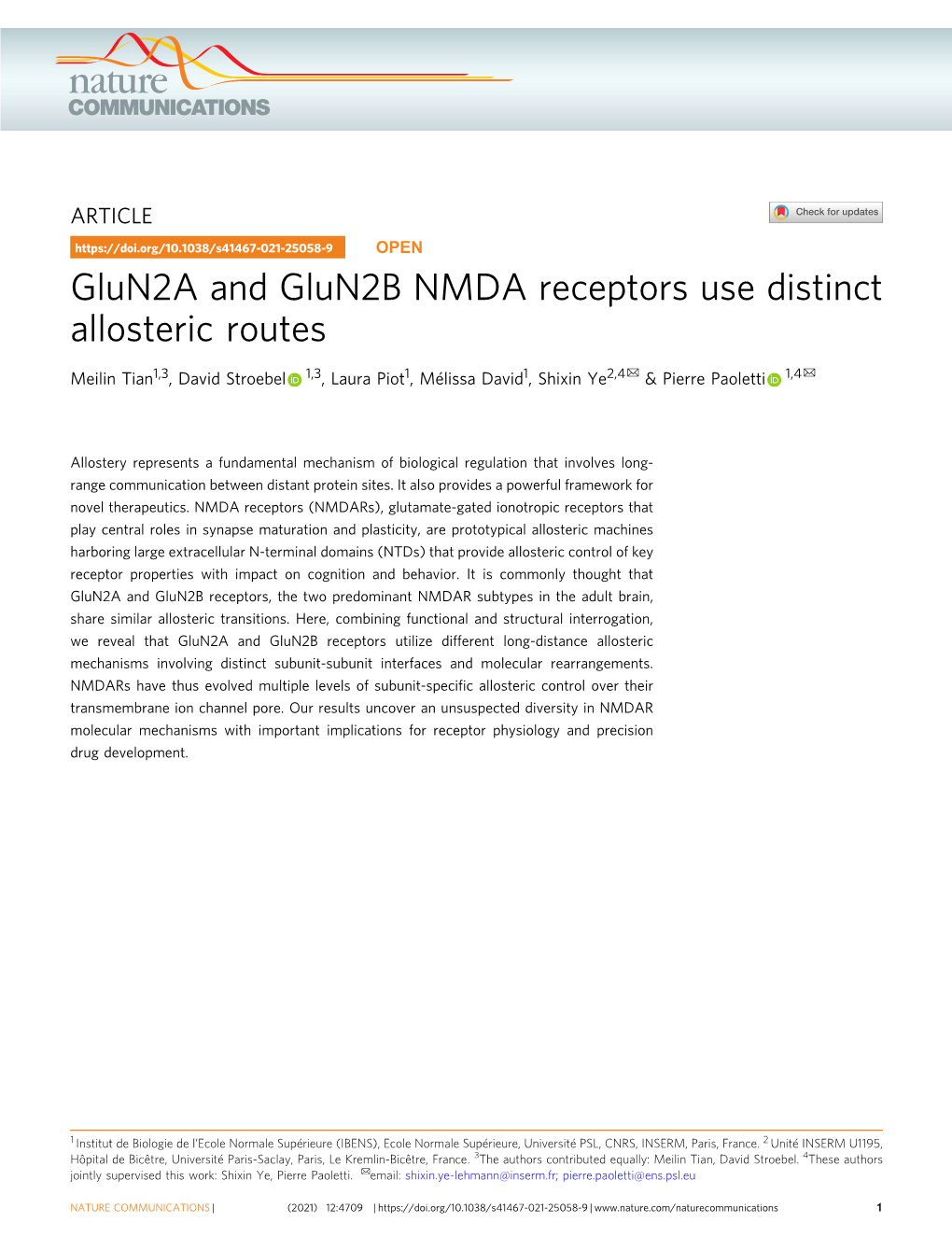 Glun2a and Glun2b NMDA Receptors Use Distinct Allosteric Routes