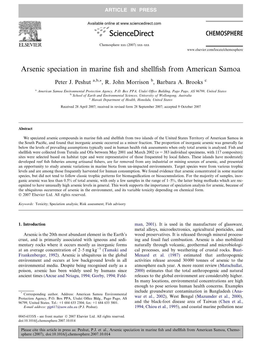 Arsenic Speciation in Marine Fish and Shellfish from American Samoa