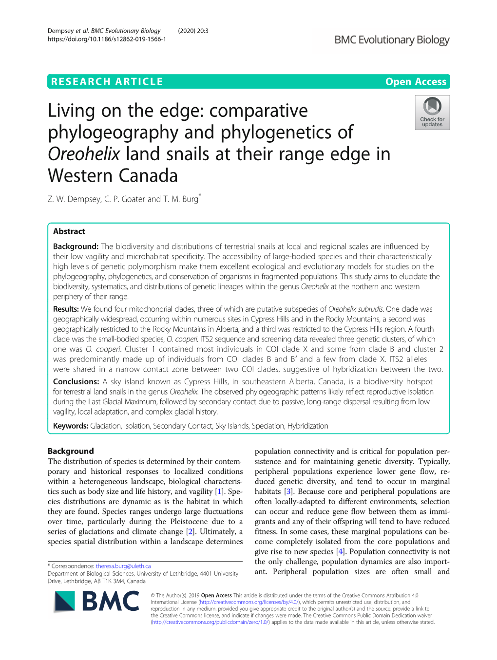 Comparative Phylogeography and Phylogenetics of Oreohelix Land Snails at Their Range Edge in Western Canada Z