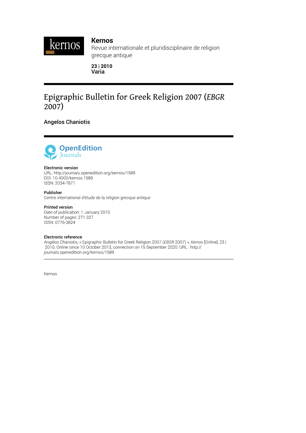 Epigraphic Bulletin for Greek Religion 2007 (EBGR 2007)