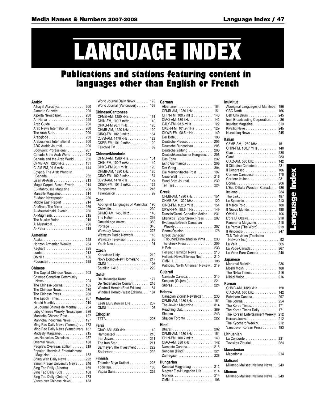 Language Index / 47 LANGUAGE INDEX Publications and Stations Featuring Content in Languages Other Than English Or French