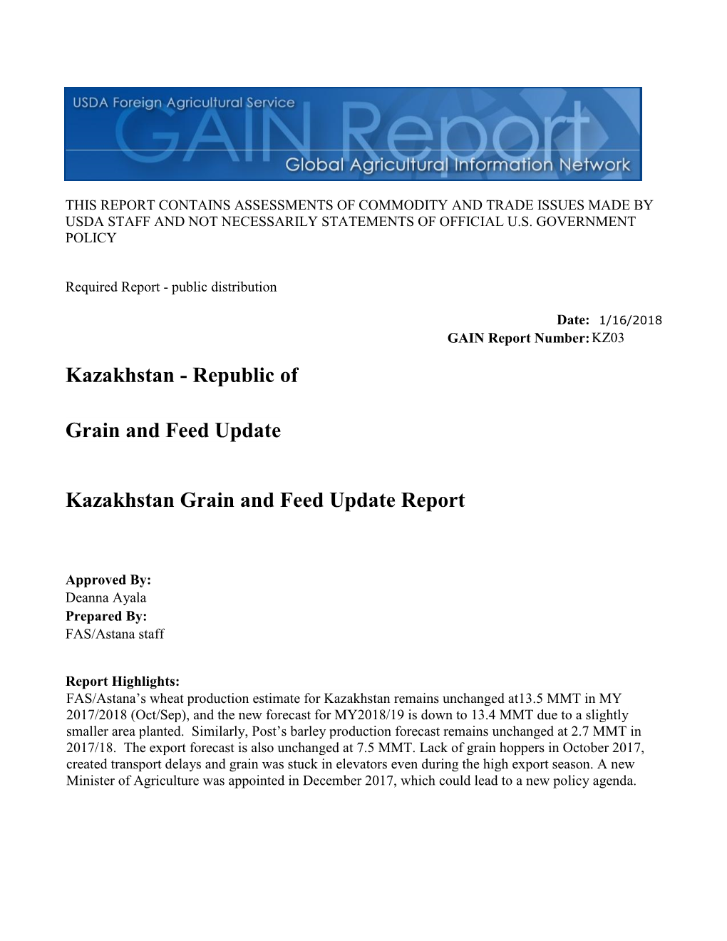 Kazakhstan Grain and Feed Update Report