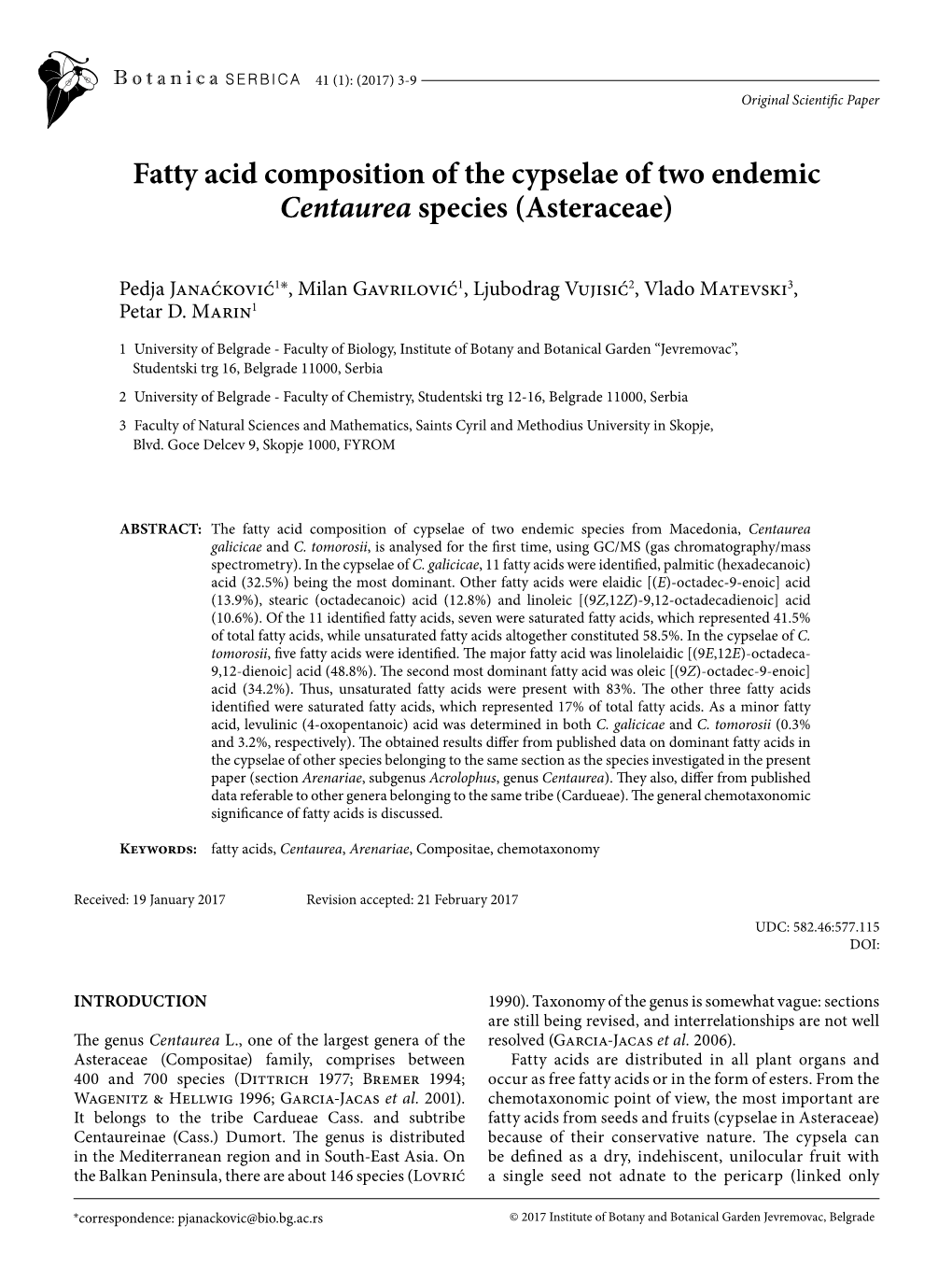 Fatty Acid Composition of the Cypselae of Two Endemic Centaurea Species (Asteraceae)