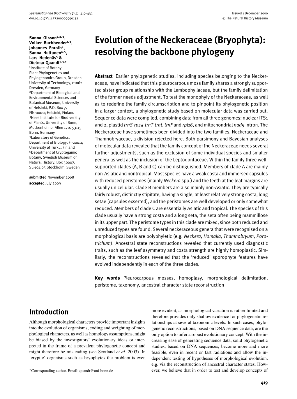 Evolution of the Neckeraceae (Bryophyta): Resolving the Backbone Phylogeny