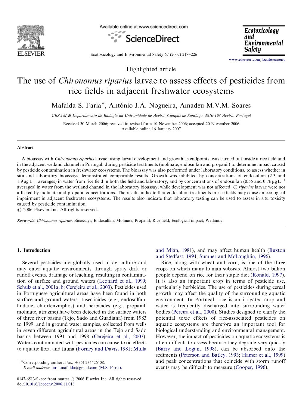 The Use of Chironomus Riparius Larvae to Assess Effects of Pesticides from Rice Fields in Adjacent Freshwater Ecosystems